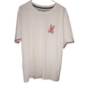 Psycho Bunny White Neon Pink Logo T-Shirt Pima L Bunny Skull Tipped Sleeve Tee